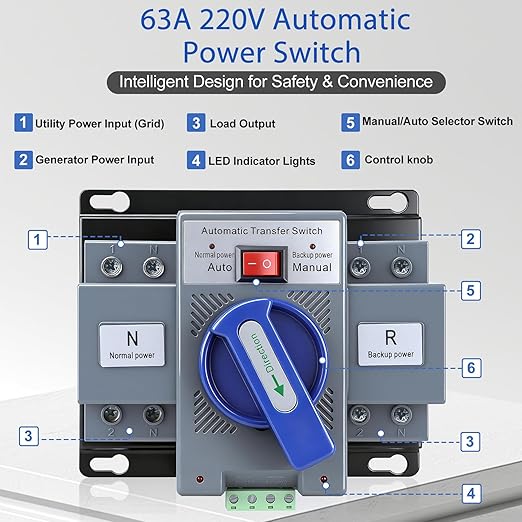 220V 63A Dual Power Automatic Transfer Switch, ATS 2P 50/60Hz, Generator Changeover Switch