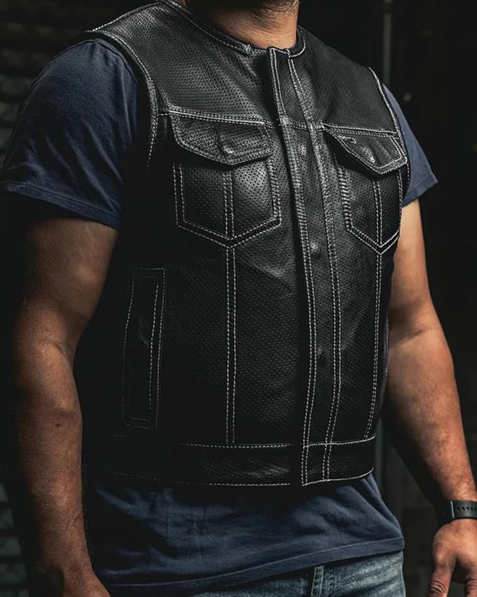 First Mfg Co - Lowside - Mens Motorcycle Biker Riding Canvas, Leather, Twill, Perforated Leather Vest