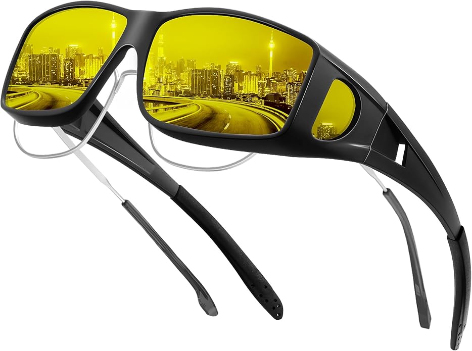 KALIYADI Night-Vision-Glasses Fit-Over-Glasses Wrap-Around Glasses: Anti Glare Night Driving Glasses for men women HD Lens