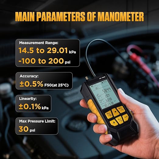 PT520 Manometer Gas Pressure Tester,Dual-Port HVAC Digital Manometer with Range of -100 to 200 KPa, 7 Units, Data Locking & Storage, 7Adapters,Backlit Display Screen