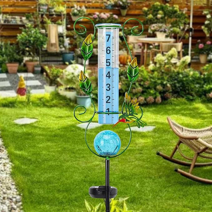 MUMTOP Rain Gauge Outdoor Freeze Proof, 36 Inch Large Number Solar Lights Hummingbird Water Gauge for Lawn, Yard and Garden