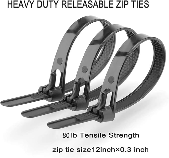 Releasable Reusable Zip Ties 100 Pack 12 Inch Heavy Duty Zip Tie Thick Black Cable Ties Reusable 80lb Indoor Outdoor Multi-Purpose No Slip Off