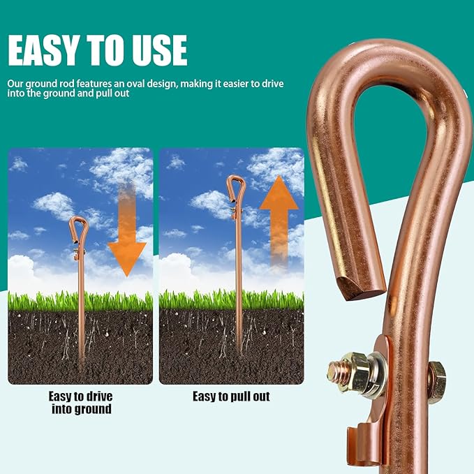 Grounding rod for earthing,Grounding Wire with Crocodile Clip for electric fences,generator,antennas (17.4 inch Ground Rod + 6.2ft Crocodile Clip Wire)