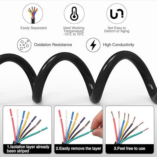 Nilight 100 Feet 7 Way Trailer Extension Cable Traditional SAE 14 Gauge 7 Conductor 100% Pure Copper Wire Insulated Heavy Duty Cord Weatherproof for 7 Pin Blade RV Automotive