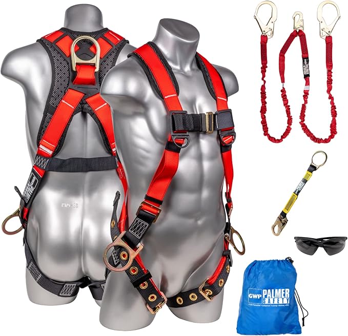 Palmer Safety Fall Protection Safety Harness Kit I Construction Harness + Various Lanyard + D-Ring Extender