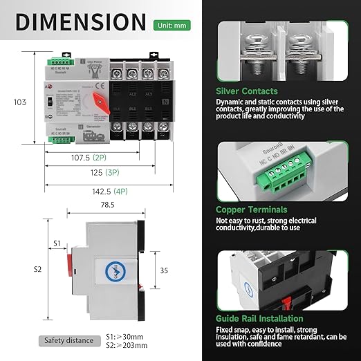 63Amp AC110V Automatic/Manual Transfer Switch 4P 50/60Hz, 4POLE 63A Mini ATS Solar Auto Dual Power Switch W2R for Home Generator, Din Rail Mount Cn Automatic Changeover Fast Transfe for,Rv,Lv Power