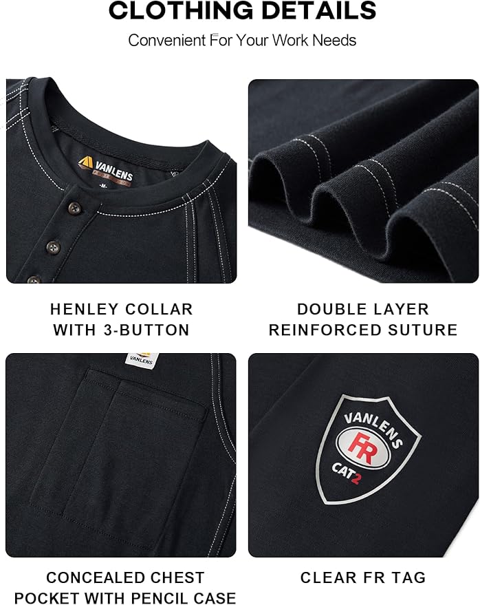 FR Shirts for Men Light Weight Flame Resistant Henley Shirts Long Sleeve Shirts HRC2/CAT2 6.5oz 100% Cotton