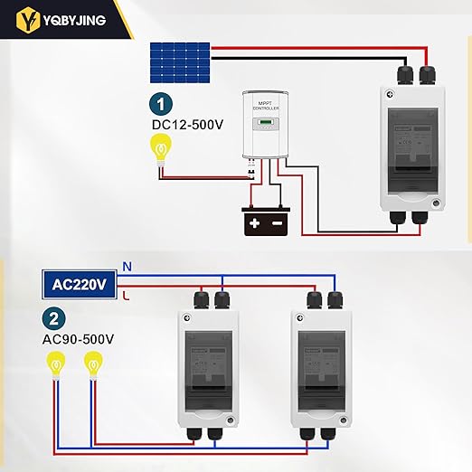 50 Amp AC/DC Solar Panel Disconnect Switch Miniature Circuit Breaker Box 500V 2 Poles with IP65 Waterproof UV-Proof Box for Outdoor Solar Homes PV Battery