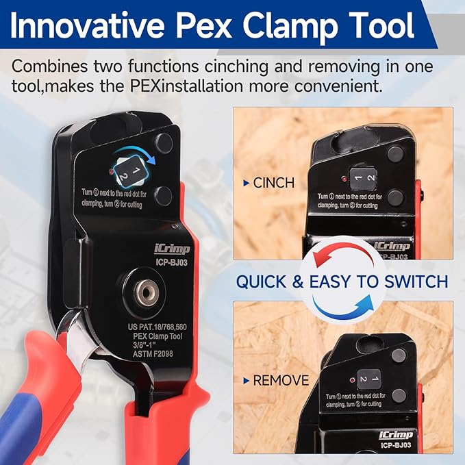 iCrimp One-Hand PEX Pipe Cinch Tool meets ASTM F2098 Standard clamps, PEX Crimping Tool with Removing Function for 3/8-1 inch Clamp Rings