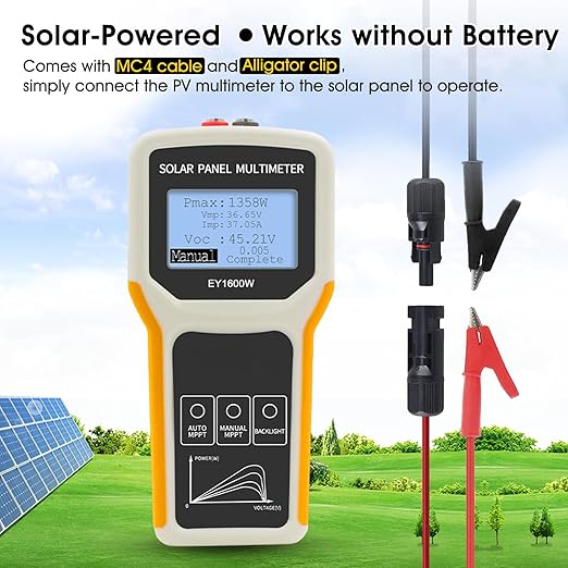 Solar Panel MPPT Tester 1600W, Portable Photovoltaic Multimeter Tracking Max Power Point Watt Volt Current, Open Circuit Voltage, Ultra Clear Backlit LCD Display, MC4 Connector Alligator Clip Included