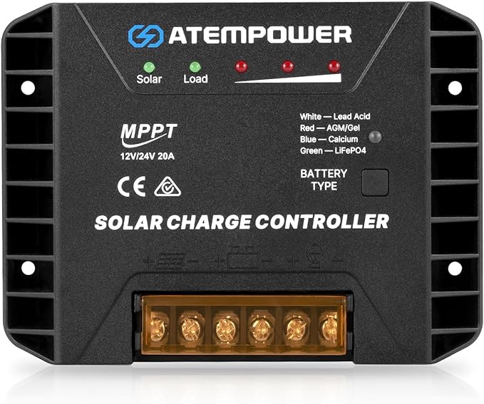 ATEM POWER 20A 12V/24V MPPT Solar Charge Controller Selecting Battery Type Activate Lithium Battery Intelligent Solar Controller Compatible with Lead Acid, AGM, Gel, Calcium and LiFePO4 Battery