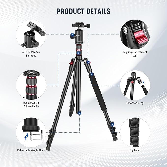NEEWER 77 inch Camera Tripod Monopod for DSLR, Phone with 360° Panoramic Ball Head, 2 Axis Center Column, Arca Type QR Plate, Bag, Compact Aluminum Lightweight Travel Tripod 34lb Max Load, TP77