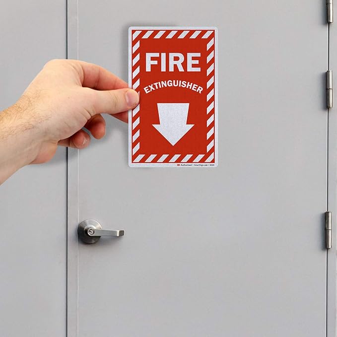 SmartSign Fire Extinguisher Label with Down Arrow | 4" x 6" 3M Engineer Grade Reflective, Pack of 3, Made in USA