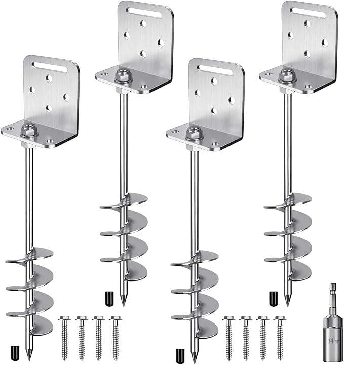 18'' Heavy Duty Ground Anchors 10mm Solid Steel with L Bracket, for Trampoline Mobile Home Swing Set Shed Carport Tent Earth Anchor Fence, 2.7" Helix Blade & Chrome Plated Finish, 4Pack