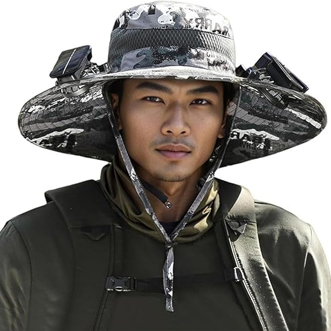 Wide Brim Solar Fan Hat, Fishing Hat with Fan for Men Removable & USB Charging Fan, Waterproof Outdoor Hiking Camping Fishing Hat Grey