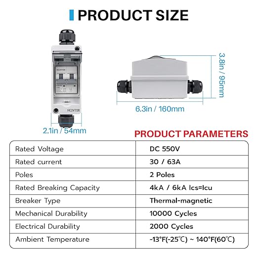 30 Amp Solar Panel Disconnect Switch,550 VDC Solar Circuit Breaker,IP65 Disconnect Box Outdoor for Solar Power Systems