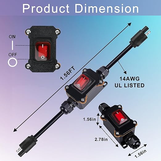 Inline 12V Power Switch SAE Connector IP67 Waterproof, SAE Plug with ON/Off Switch Quick Connect Disconnect Snap, 14AWG Heavy Duty Inline Switch for Solar Panel, Motorcycle, RV, Camp Trailer