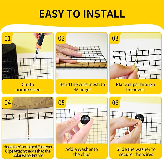 Solar Panel Bird Guard,6in X 100ft Critter Guard for Solar Panels,1/2inch mesh Black Coated Galvanized Rust-Resistant Net,roof Protection net Kit,with 80 Fastener Clips and Cutting Scissor