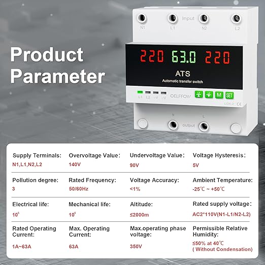 110 VAC Dual Power Automatic Transfer Switch, 2-Pole 63 Amp DIN Rail ATS, Adjustable Emergency Power Switch with 3.54” Guide Rail