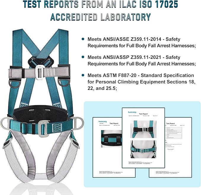 Safety Harness Fall Protection Kit with Shock Absorbing Lanyard, Roofing Work Harnesses Full Body Safety Harness for Construction (Dark Green)