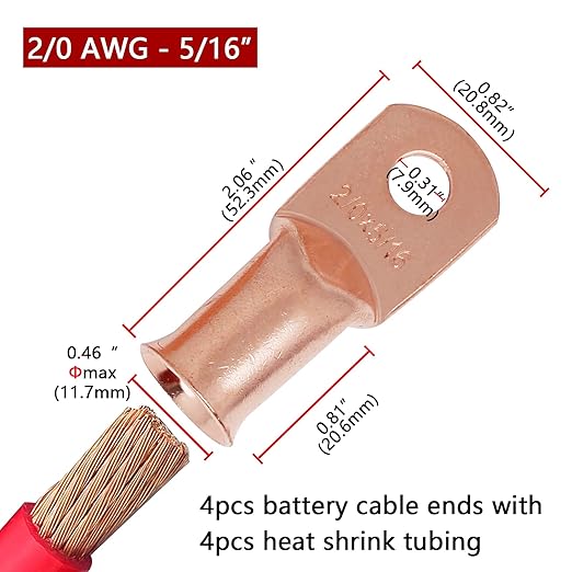 TKDMR 4pcs 2/0 AWG-5/16 Battery Lugs,Heavy Duty Wire Lugs,Ring Terminals,Battery Cable Ends,0 Guage terminals,Battery Terminal Connectors with 4pcs 3:1 Heat Shrink Tubing