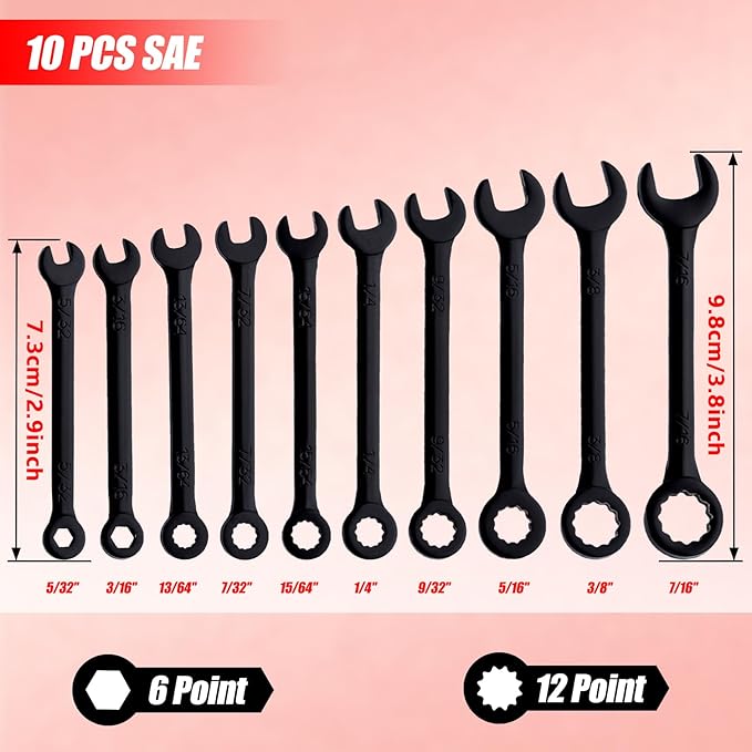 Mini Wrench Set SAE 10-Piece Ignition Wrench Set, 5/32"-7/16" Open End and Box End Combination Wrench Kit, Super Thin Small Wrenches with Zipper Bag and Key Ring for Small Fasteners, Black