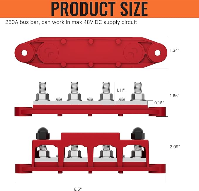 Joinfworld Bus Bar 12V 250A Power Distribution Block 4 x 3/8" Studs Marine Bus Bar 12 Volt Battery Busbar Terminal Block for Automotive, Car, Boat, Solar Wiring - Negative&Positive