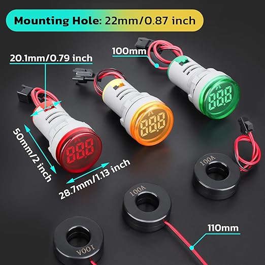 DROK AC Amp Meter 100A, Pack of 3 AC 0-100A Current Tester Digital Larger LED Screen Current Meter Suitable for 110V 220V Green Red Yellow Signal Indicator Light Panel