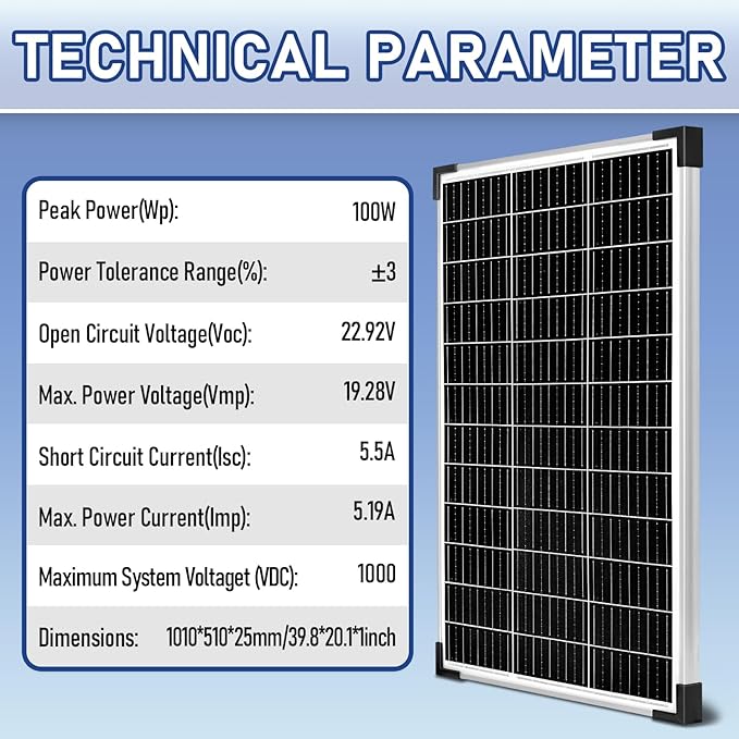 Solar Panel Kit 100W 12V Monocrystalline,Battery Maintainer +20A Solar Charge Controller +16.4Ft Extension Cable with Battery Clips O-Ring Terminal for RV Marine Boat Off Grid System