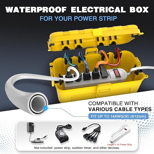 Flemoon [2 Pack] Outdoor Electrical Box Waterproof, Medium Weatherproof Electrical Box (11.5x5.2x4 inch) w/6 Cable Entry Ports, Extension Cord Cover for Power Strip, Timer, Holiday Light, Yellow