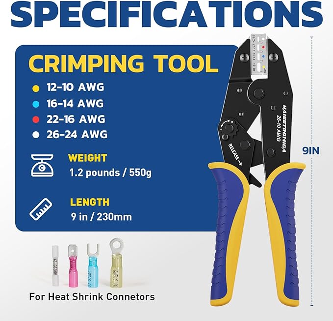 haisstronica Crimping Tool For Heat Shrink Connectors-AWG 26-10 Ratchet Wire Terminal Crimper-Ratcheting Crimper Tools-Available For Insulated Nylon Connectors and Electrical Wire Connectors HS-8327
