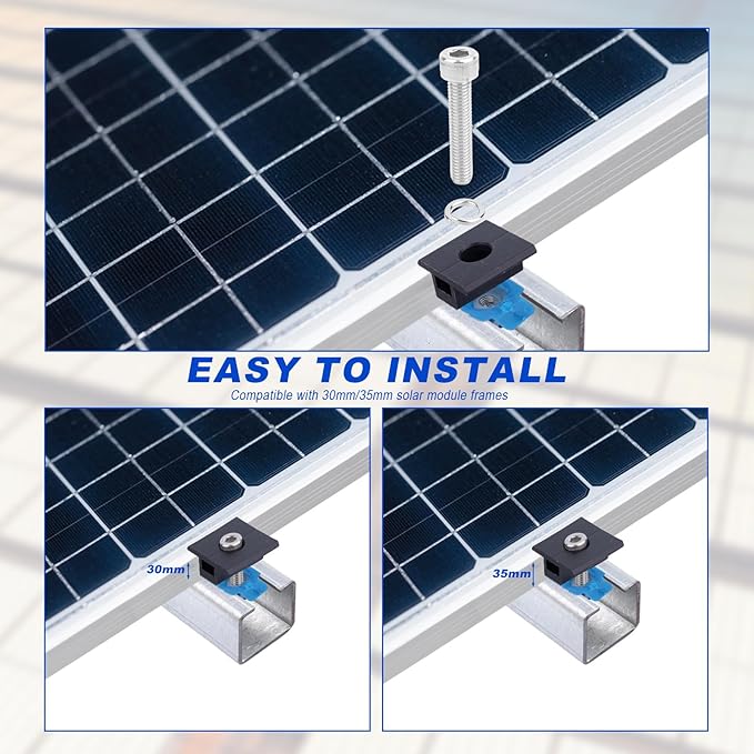 10pcs Solar Panel Mid Clamps for Unistrut, 30mm/35mm Aluminum Mounting Brackets Black Roof Mount Kit Hardware for Metal/Tin/Flat/Sheet Roof and RV Solar Panel Installation