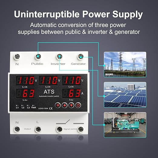 4P 63A 110V ATS Automatic Transfer Switch - L1 Priority Phase Selector, 50/60Hz, Din Rail Mount, CE Certified for Public, Inverter, Generator Use