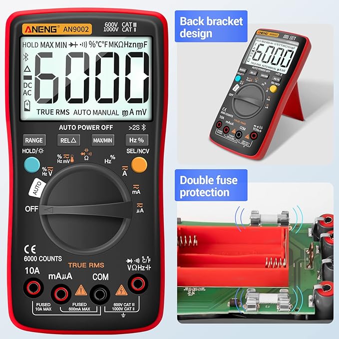 ANENG Bluetooth Multimeter Digital Tester Auto-ranging TRMS 6000 Counts Ohmmeter for AC/DC Voltage,Current,Resistance,Continuity,Capacitance,Diodes,Temperature Meansurement,Volt Meter for Automotive