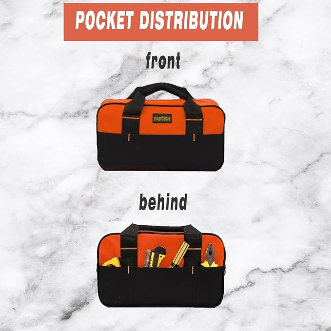 FASTECH 14 Inch Small Tool Tote Bag, Wide Mouth Zipper Bag, Waterproof Tool Organizer Bag, Multi-Pockets Wide Mouth Tool Tote For Man/Woman (Orange)