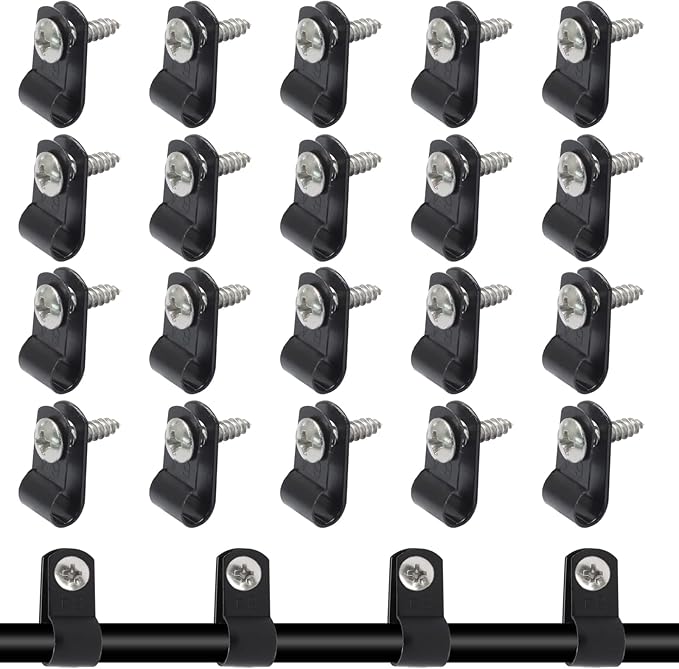 100 Pcs 1/4 Inch Black Nylon Screw Mounting R-type Cable Clip Wire Clamp, 6.4mm Cable Clip Wire Clamp for Wire Management, Stainless Steel Screws Includedc