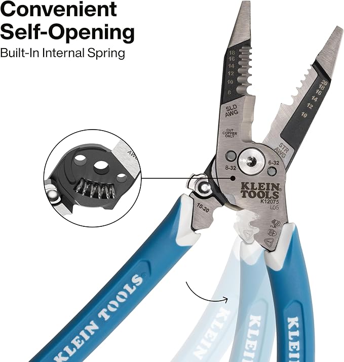 Klein Tools K12075 Heavy-Duty Wire Stripper, Slim-Forged Design, Self-Opening Wire Stripping Tool, Electrical Pliers with Shear Cutter, Cable Stripper Tool