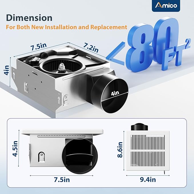 Amico Bathroom Exhaust Fan, 1.0 Sones, 80 CFM, Low Noise, Ceiling Mounted Retrofit Ventilation Fans, 4 Inch Duct, No Attic Access Needed- UL Certified