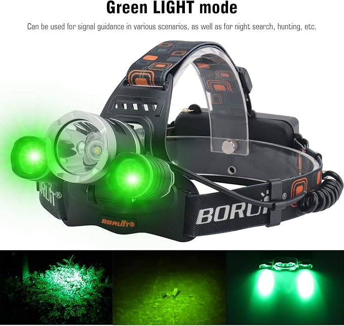 BORUIT RJ-3000 LED Green Headlamp,3 Modes White and Green LED Hunting Headlight,Super Bright USB Rechargeable Tactical Head lamp for Fishing Running Camping Hiking