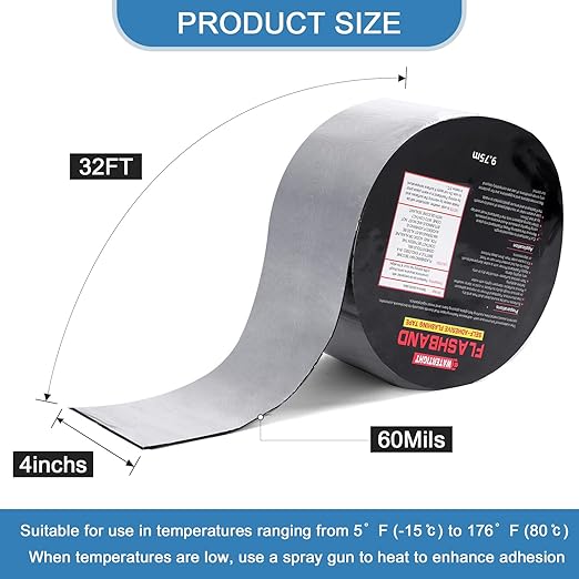 Flashing Roll Tape Asphalt Membrane, 4 Inches X 32 Feet 60Mil Thick Waterproof Asphalt Patch Seal Tape Roll, Self-Adhesive Roof Sealant, Asphalt Repair for Door Roof Window Gutter Outdoor （1 Roll)