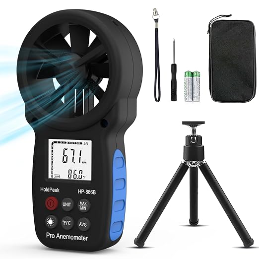 HoldPeak 866B Handheld Anemometer with Tripod, Digital Wind Speed Gauge Meter, Air Flow Velocity Temperature CFM Measuring Device for HVAC Outdoor Sailing Shooting Golf