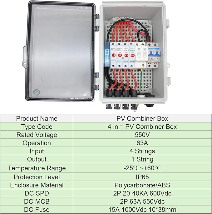 4 String PV Combiner Box, Solar Combiner Box with Lightning Arreste, 15A Rated Current Fuse and Circuit Breaker, Waterproof Combiner Box for On/Off Grid Solar System(Transparent, with Lock)