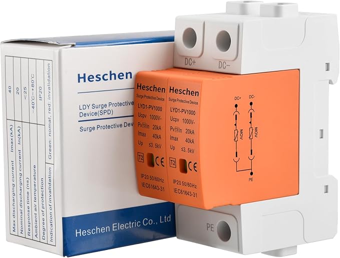 Heschen Surge Protective Device for PV, LYD1-PV1000, 2P 1000VDC 20-40KA, 35mm DIN Rail Mounting, for Lightning Protection Power Distribution and Control Appliances (2)