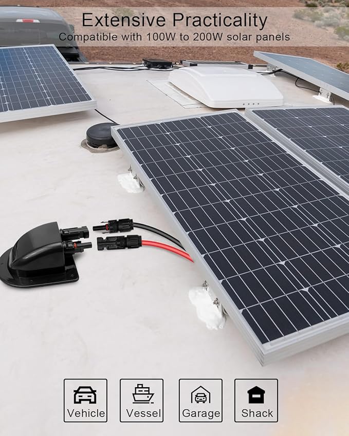 Weatherproof Solar Cable Entry Gland Entry Housing Solar Junction Box Fit for RV Boat, Camper, Van, Building, Garage, Shack, with 10Ft 10AWG Solar Extension Cable Connector