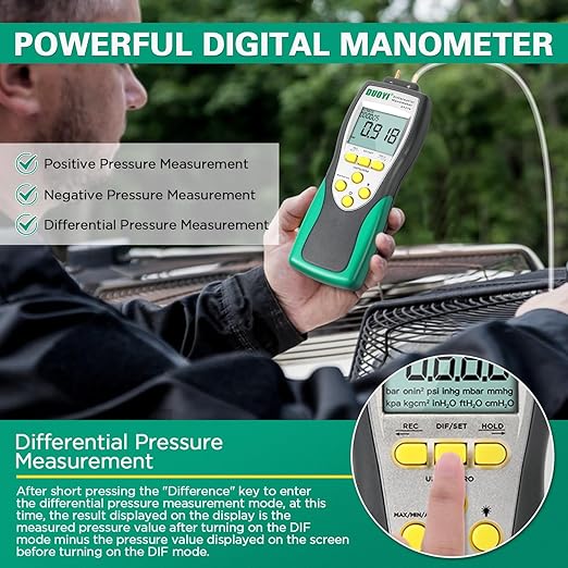 Manometer Gas Pressure Tester ±241.3Kpa/35Psi Wide Range Digital Manometer Lp Gas Pressure Tester with 11 Pressure Units, MAX/MIN/AVG Measurement, Data Storage/Hold, 9V Battery