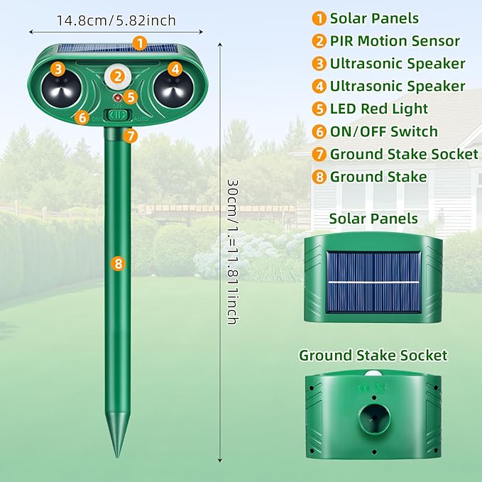 2026 Solar Animal Repellent Outdoor&Cat Repellent Outdoor with Motion Deer Repellent Devices Ultrasonic Cat Deterrent Fox Raccoon Squirrel Rabbit Coyote Deterrent for Farm Orchard Garden 2 Pack