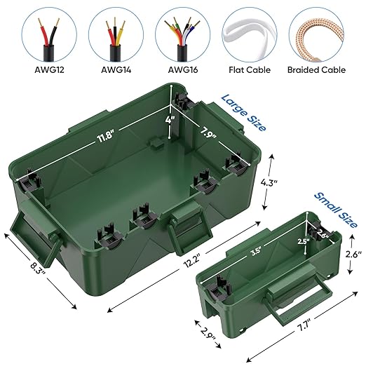TICONN Outdoor Electrical Box, IP54 Splash-Proof Outdoor Extension Cord Cover, Protects Power Strip, Plug, Socket, Timer, Holiday Lights (Green, Large)