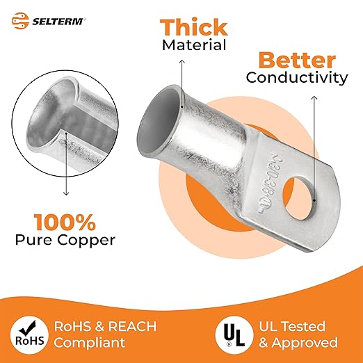 SELTERM 2pcs 3/0 AWG 3/8" Stud Tinned Copper Wire Lugs, Battery Lugs, Ring Terminals, Battery Cable Ends, 000 Gauge Ring Terminal Connectors, UL Marine Grade Electrical Battery Terminal Connectors