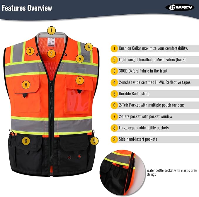 JKSafety Hi-Vis Unisex Surveyor Safety Vest Heavy Duty PPE Inner Pockets ANSI/ISEA Compliant