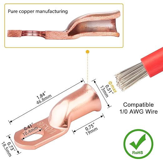 20pcs 1/0 Awg - 3/8" Sanuke Wire Lugs Ring Terminal Connectors Ends Heavy Duty for Battery Cable Lug Wire Electrical Eyelets with 3:1 Dual Wall Adhesive Heat Shrink